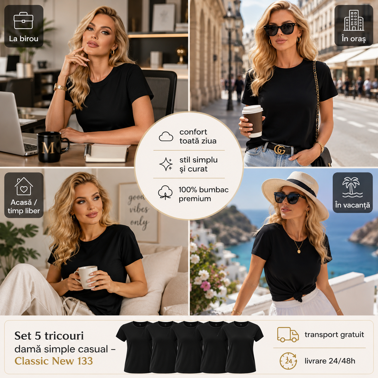 Set 5 tricouri damă casual din bumbac 100%, guler rotund, croială cambrată, mărimi XS-3XL și 23 de nuanțe disponibile